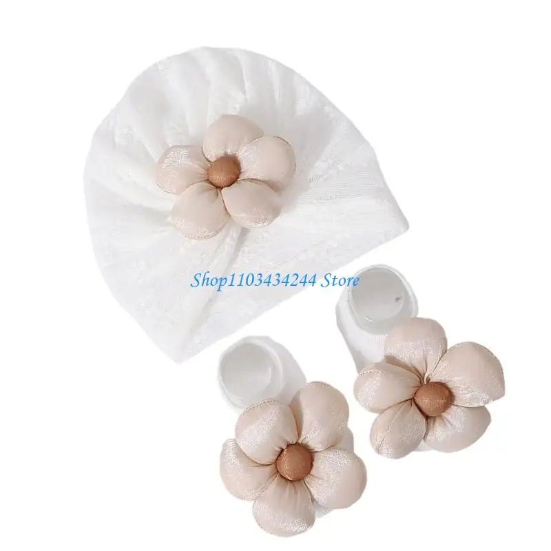 

Solid Color Baby Turban Hat Toddler Flower Charm Headscarf Caps Stylish Girls Bonnet Caps Fashion Headwear with Socks