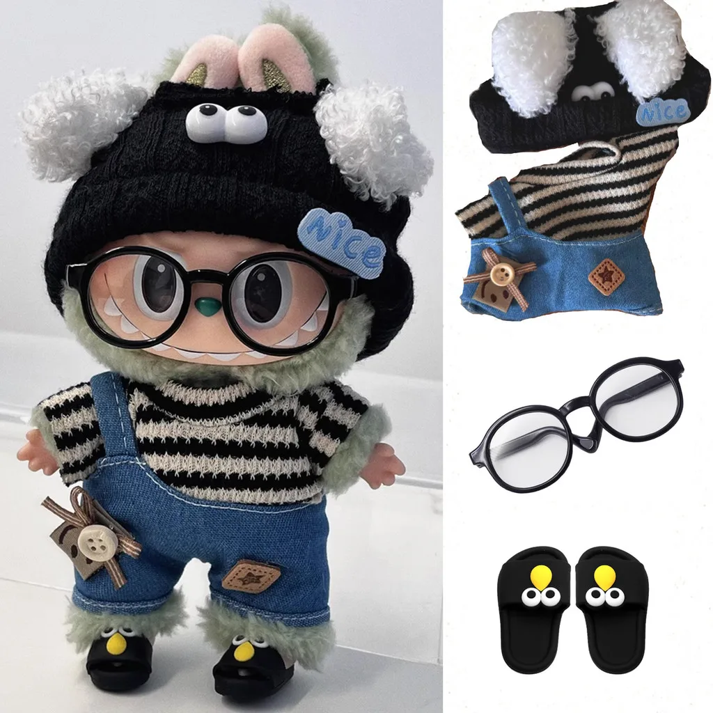 17cm Labubu Doll Clothes Outfit Accessories for  V1 V2 Striped Sweater Overalls Glasses Hat Clothing Set