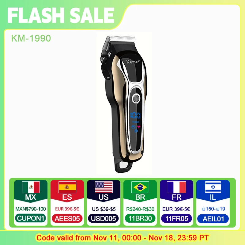 Kemei Professional Hair Clipper Rechargeable Trimmer Men Electric Cutter Hair Cutting Machine LCD Cordless Beard Trimmer KM-1990