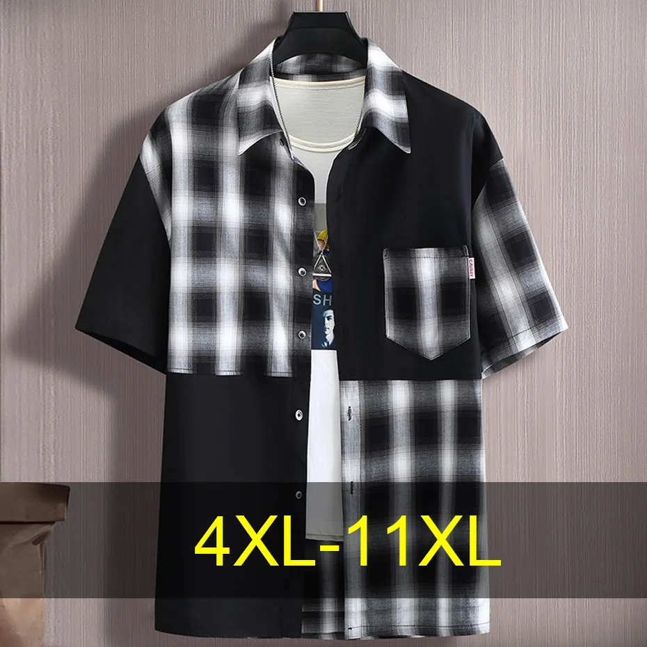 

Patchwork Plaid Shirts Men Summer Short Sleeve Shirt 11XL Plus Size Fashion Casual Plaid Shirt Male Summer Tops Big Size 11XL