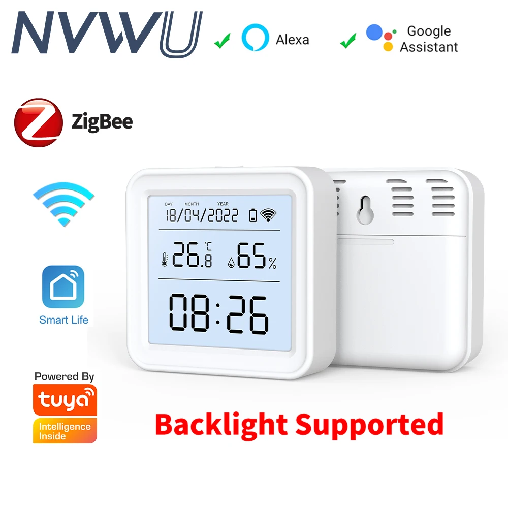 Tuya Zigbee/WiFi Temperature and Humidity Sensor Backlight Indoor Thermometer Hygromet Work With Alexa Google Home Voice Control