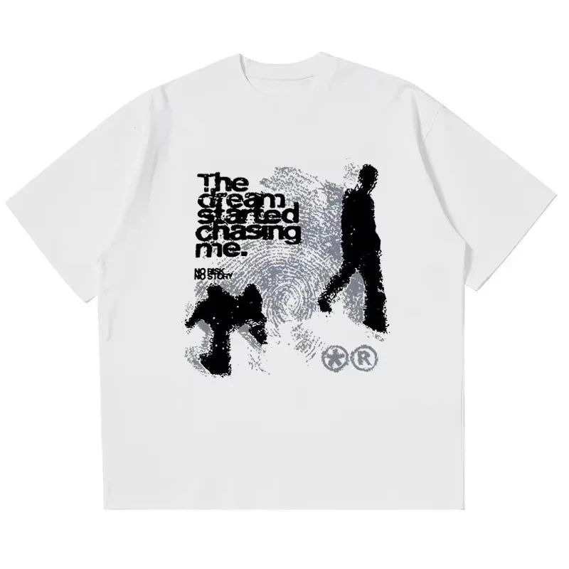 2026 new men's T-shirt short sleeved shadow printed Y2k top Harajuku streetwear retro pattern Korean aesthetic clothing