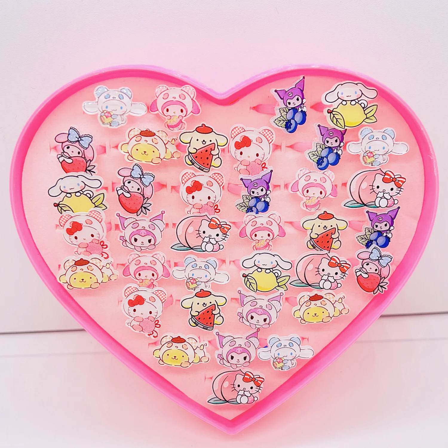 36Pcs/box Sanrio Hello Kitty Kids Ring Kids Cinnamoroll Kuromi Adjustable Baby Rings Children Girl Rings with Heart Box Gift Toy