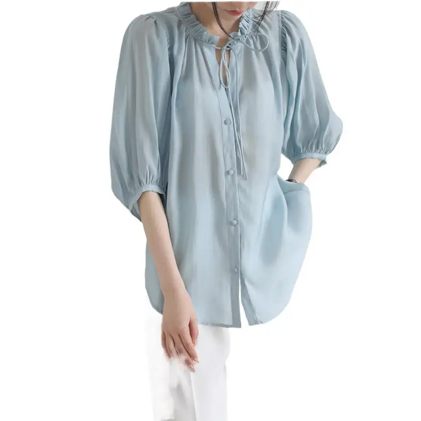 

Spring Women Rayon New Lotus Collar Lace-up Shirts Three Quarter Sleeves Temperament Loose Fit Versatile Cozy Thin Blouses