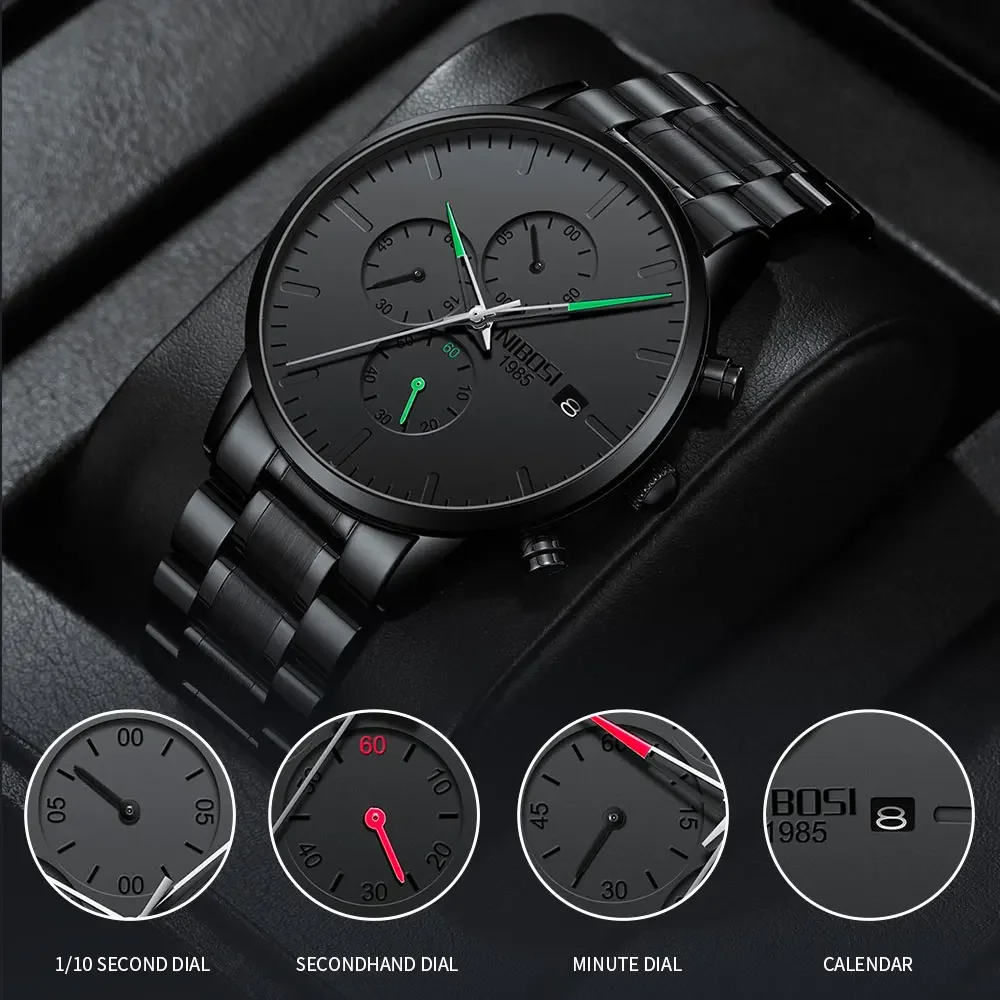 NIBOSI 10pcs Men Black Quartz Watches Relogio Masculinos Waterproof Man Calender Fashion Decoration Clock Shock Resistant Watch