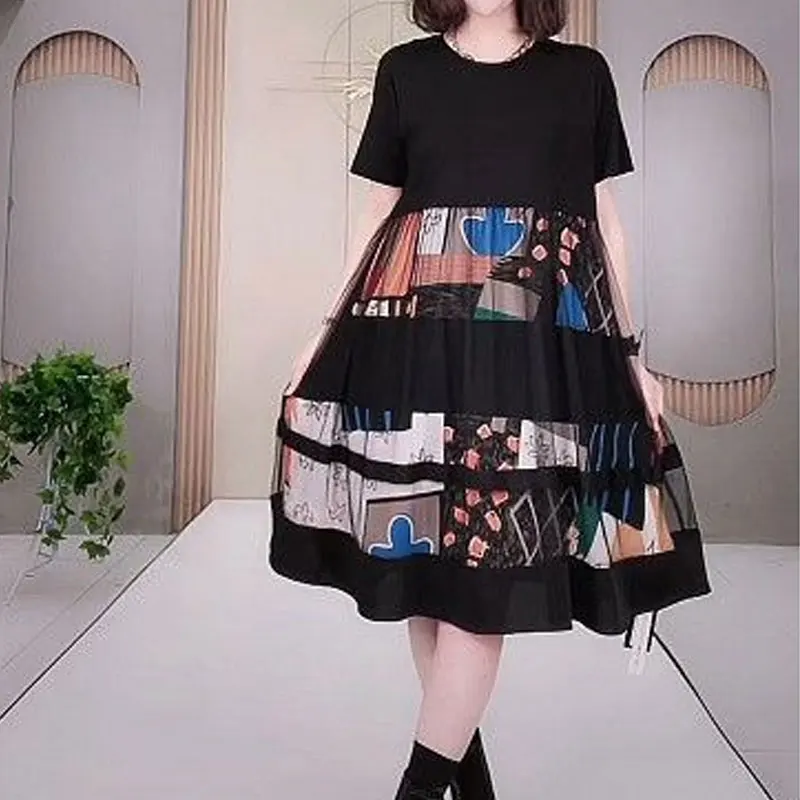 Casual Patchwork Gauze Midi Dress Loose Summer Printed Polka Dot Women\'s Clothing All-match Round Neck Stylish A-Line Dresses