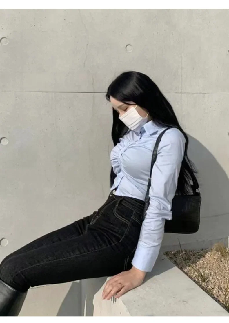 Women's Slim Sexy Long Sleeve Shirt Pure Cotton White Blue Pink Pleated Open Waist Casual Top