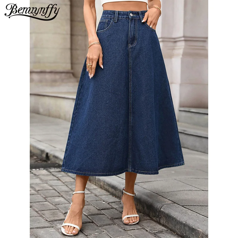 

Benuynffy Streetwear Vintage Washed Maxi Jeans Skirt Women's Spring Summer Loose High Waisted Pocket Big Swing Denim Long Skirts