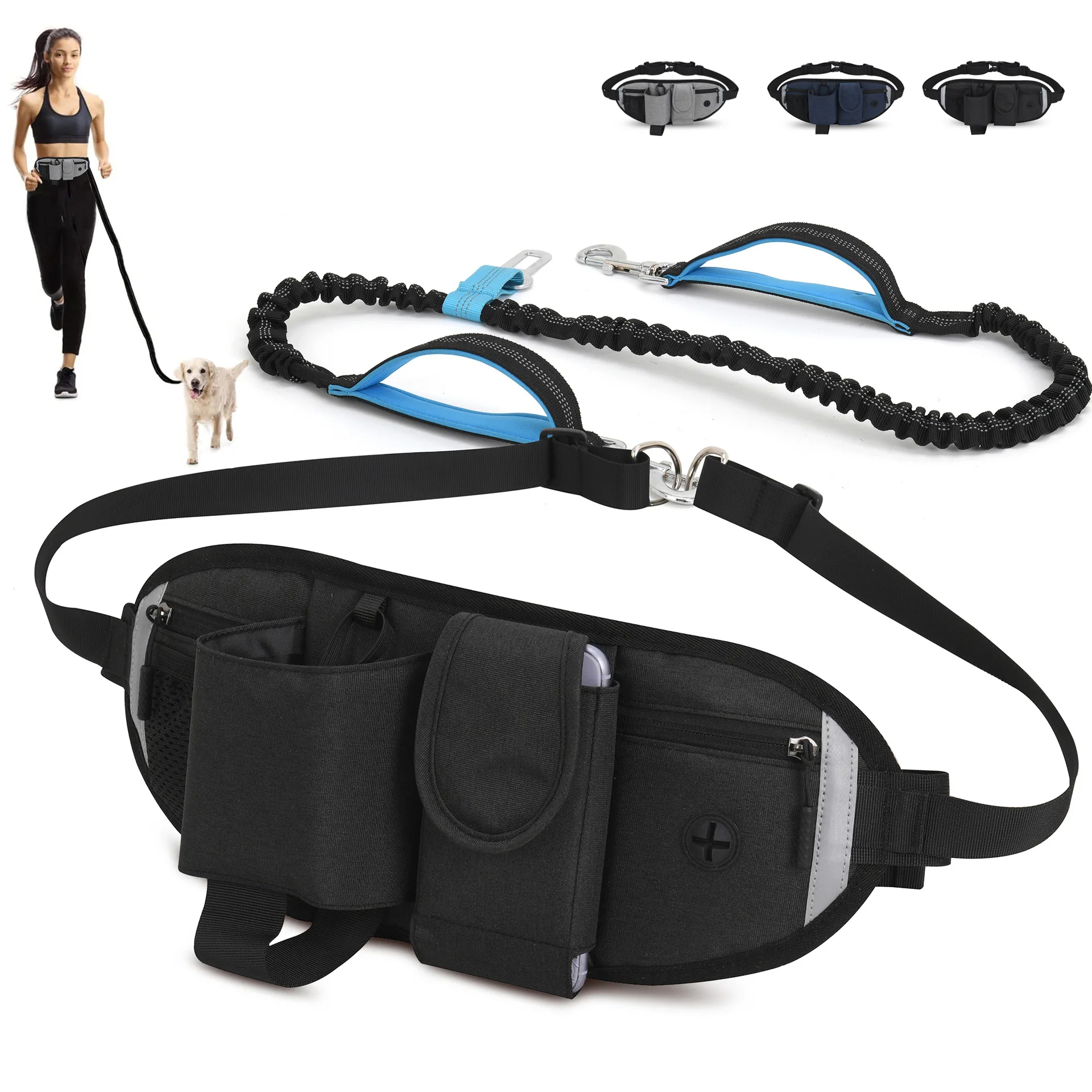 Pet Dogs Walking Waistpack Outdoor Running Sports Waistpack Multifunctional Waterproof Dog Leash Reflective Waterproof Nylon