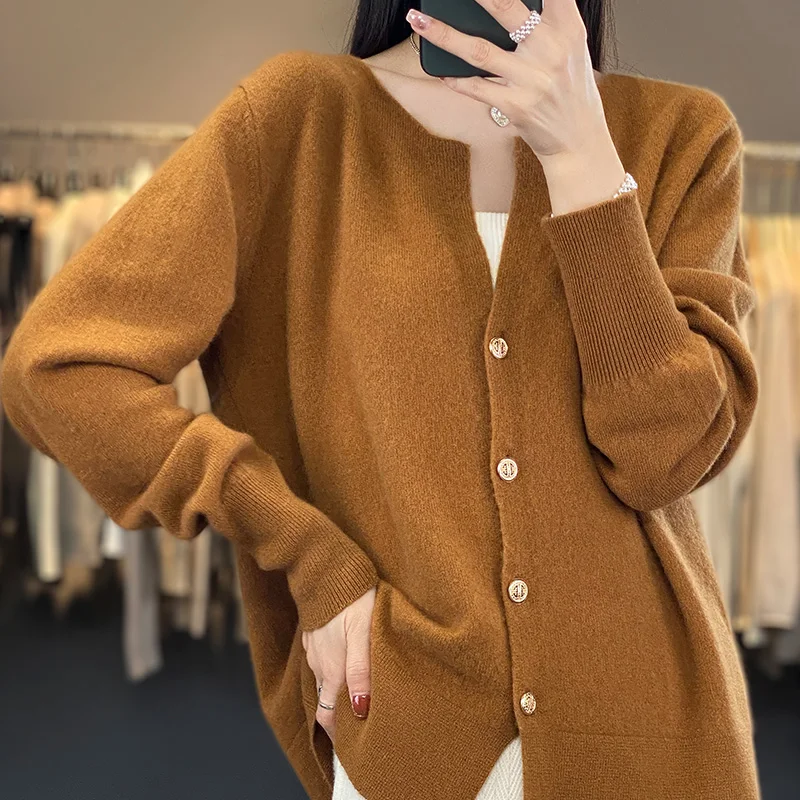 Jueqi sweater kasmir wanita, kardigan leher bulat, wol murni 100% sweater RT-902 musim gugur dan musim dingin baru