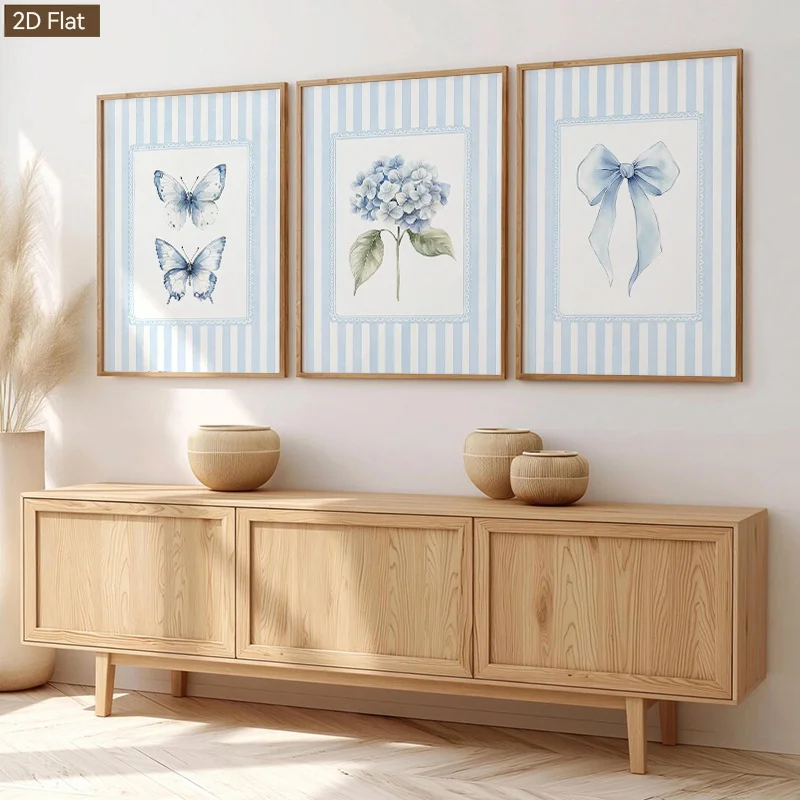 （Noframe 3PCS）-2D Flat, 2D Flat 3pcs Frameless Art Poster, French-Style Vertical Hydrangea Flower Wall Decor, Suitable for Li