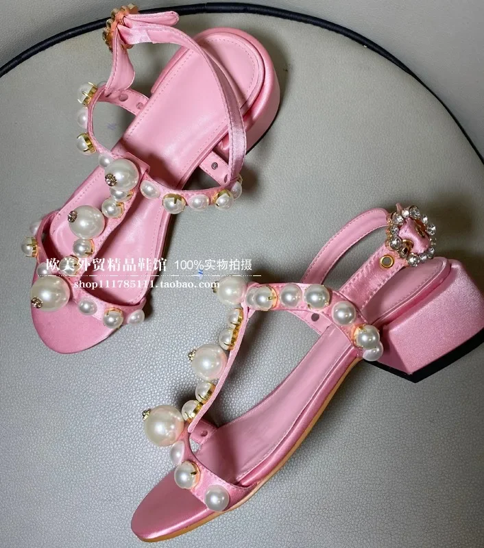 Pink Pearl Bling Bling T-Strap Women Sandals Pink Cute Low Heels Flat Sole Summer Sandals Slingback Fashion Bling Bling Shoes view 5