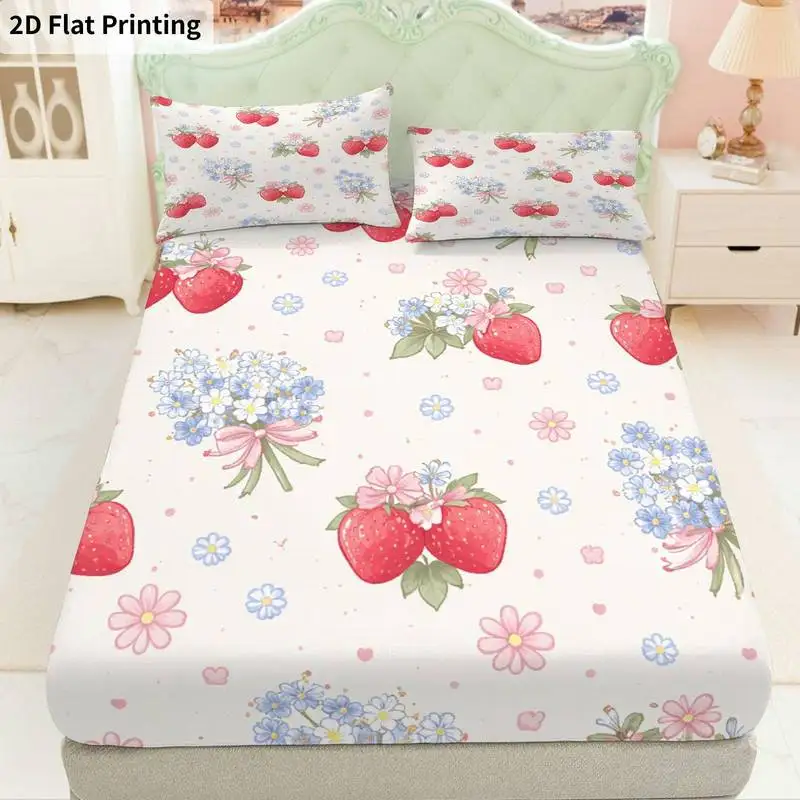 3Pcs Strawberrylilac Fitted Sheet Three Piece Set (1*Fitted Sheet + 2*Pillowcases, Coreless), Bedding Set