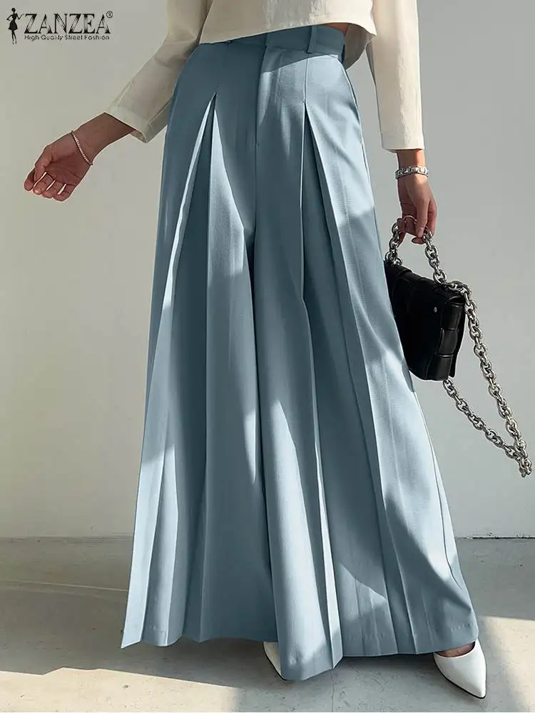 

ZANZEA Fashion Women OL Wide Leg Trousers Autumn High Waist Casual Loose Pants Elegant Solid Office Work Long Pantalon Palazzo