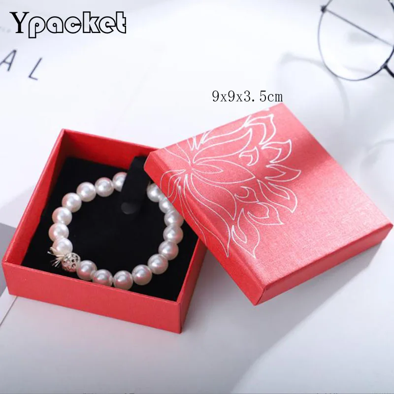 

Red Flower Exquisite Gift Boxes Square Jewelry Organizer Shape Box Engagement Necklace Pendant Bracelet Display Cases 40Pcs/Lot