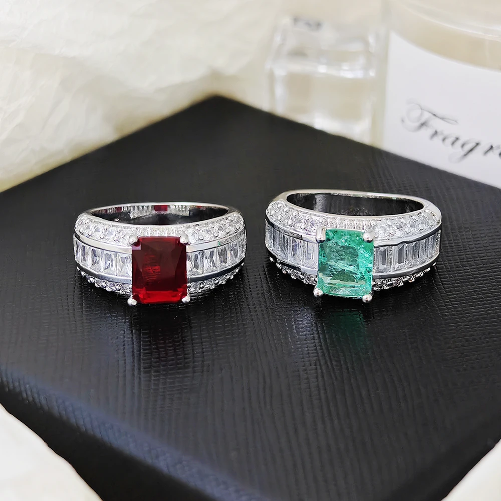 Moonso Unique Design Trendy Red Green Color Rectangle Engagement Ring for Women Anniversary Gift Jewelry Wholesale R8108