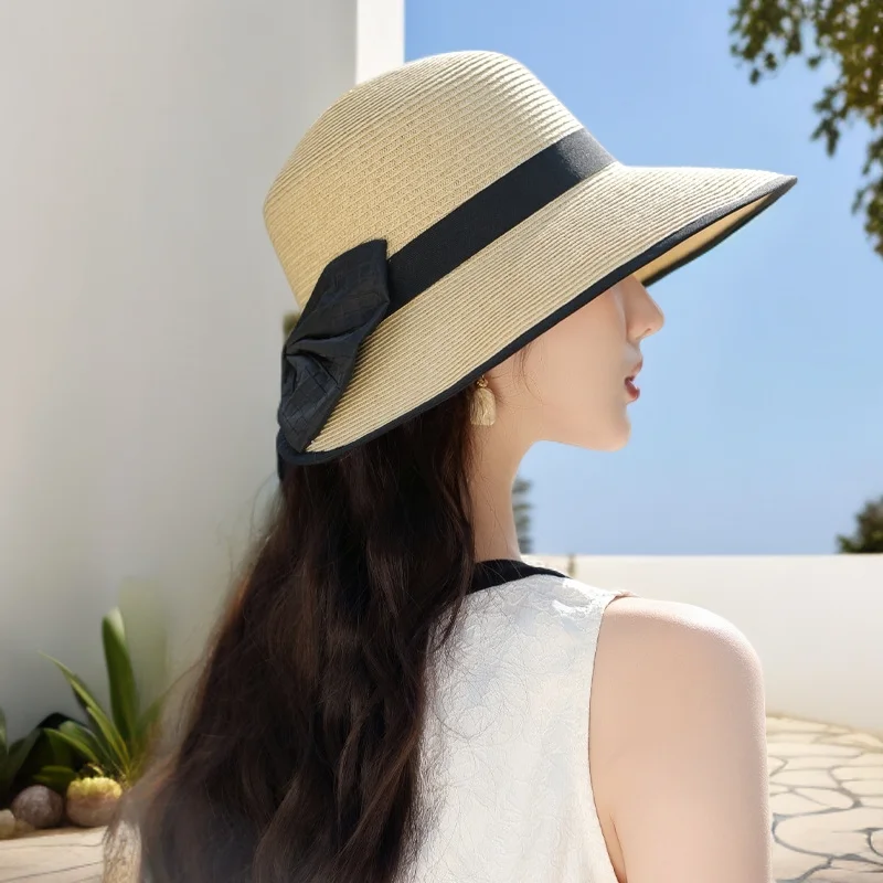 قبعة للشاطئ صيف جديد قبعة المرأة الراقية واقية من الشمس قبعة الشمس الصيف تنفس القش قبعة في الهواء الطلق القوس قبعة الشمس قبعة أنيقة على الموضة 2
