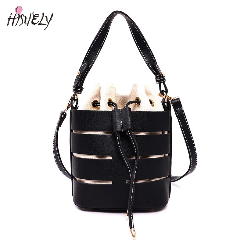 

Hollowed Out Women PU Leather Handbags Drawstring Fashionable Personalized Handheld One Shoulder Crossbody PU+ Canvas Bucket Bag