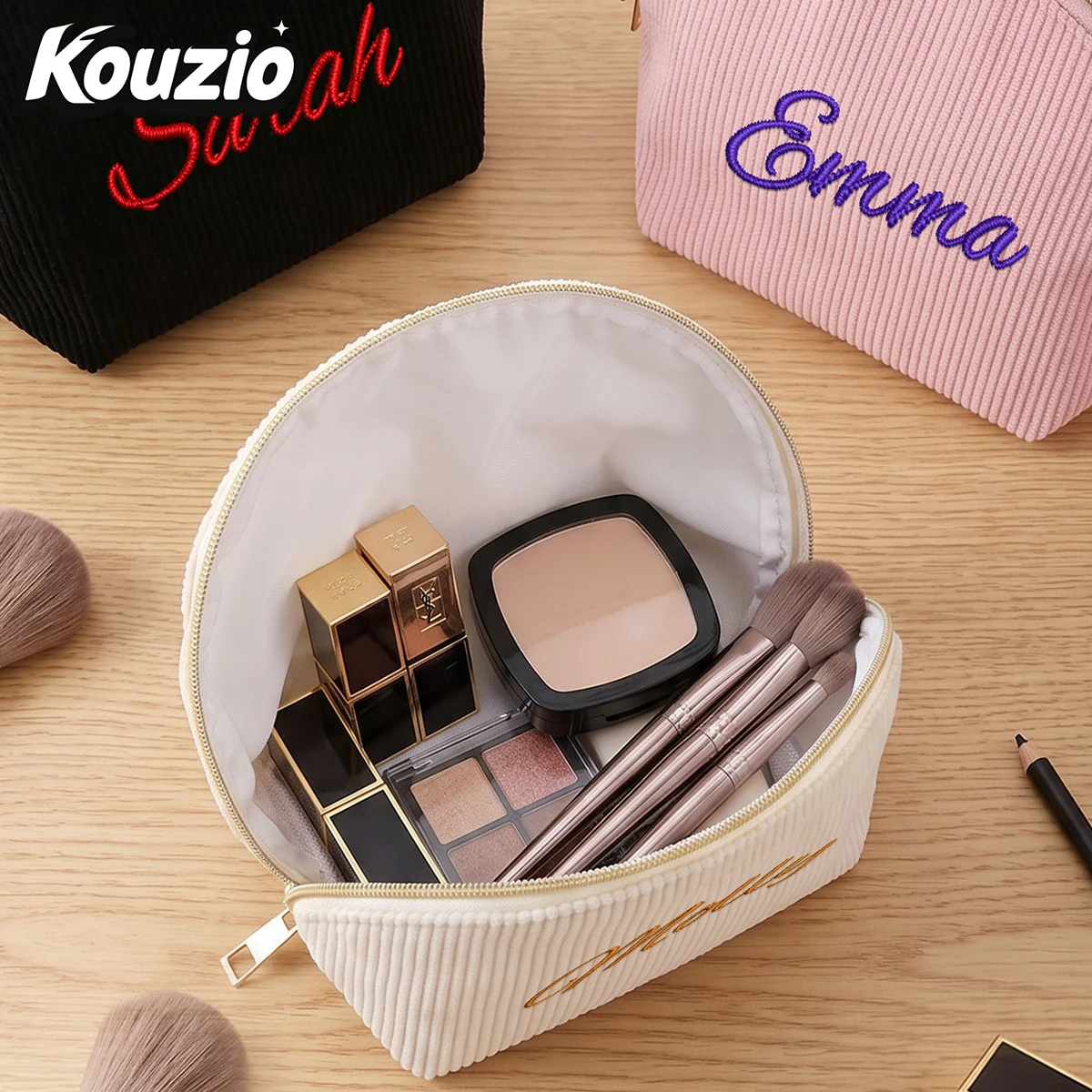 Custom Name Embroidered Corduroy Shell Makeup Bag, Personalized Zipper Cosmetic Pouch, Travel Beauty Organizer for Women Girls