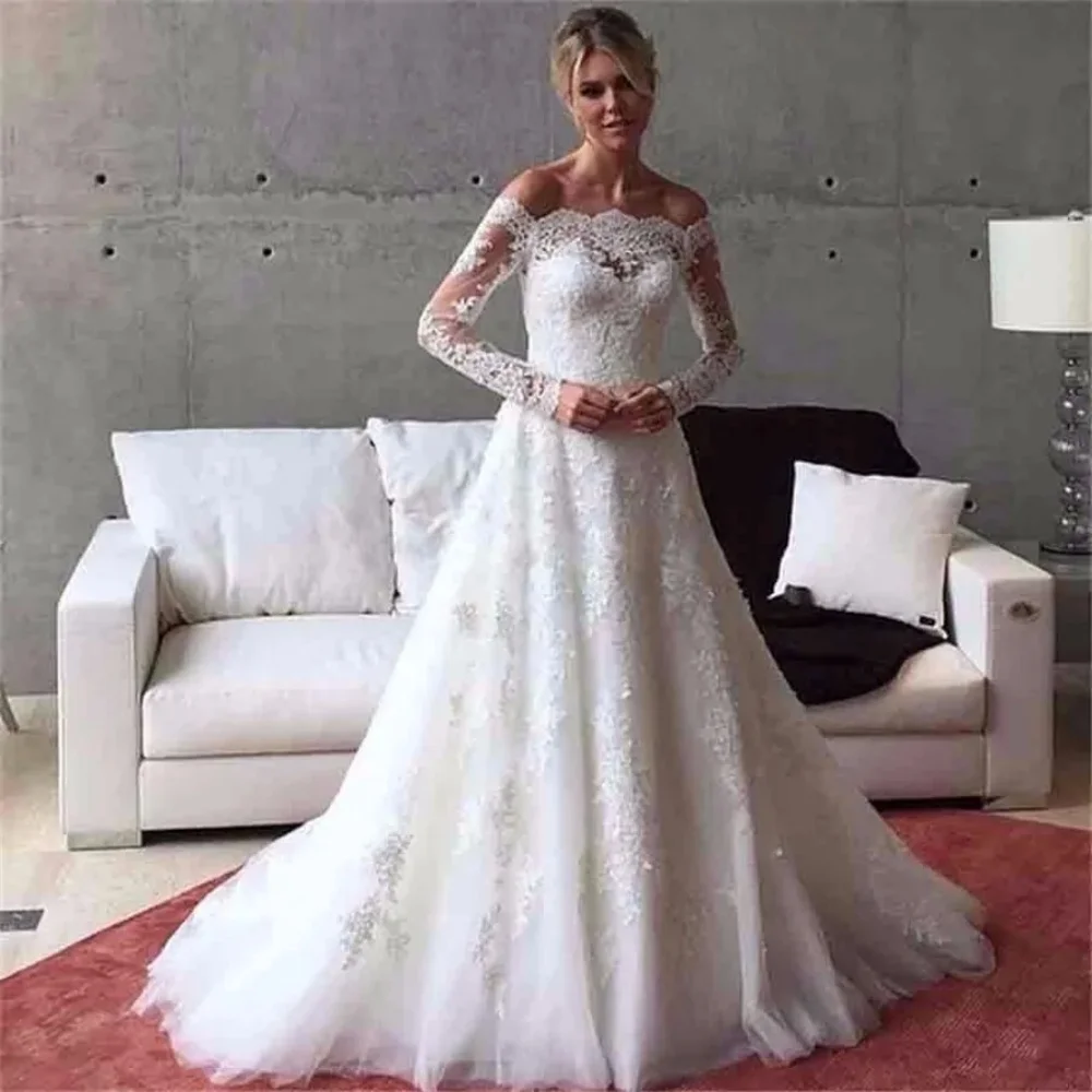 

Gorgeous Boat Neck Wedding Dress Off-Shoulder Lace Appliques Long Sleeves A-Line Tulle Custom Zipper Or Lace-Up Back Bride Gown