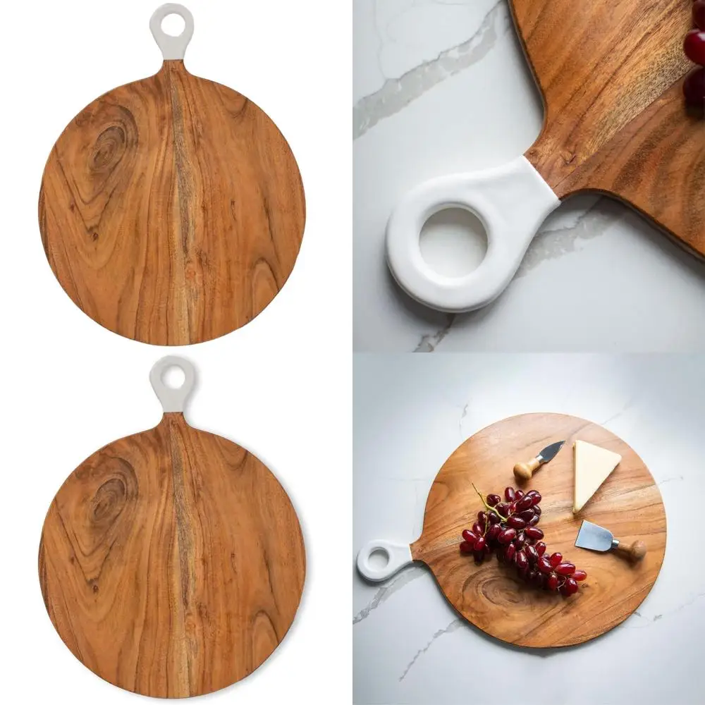 

Large Round Acacia Wood Charcuterie Board - 22.5x17.5 with White Enamel Handle, Non-Plastic, Ideal for Food, Cheese, Meat, and S