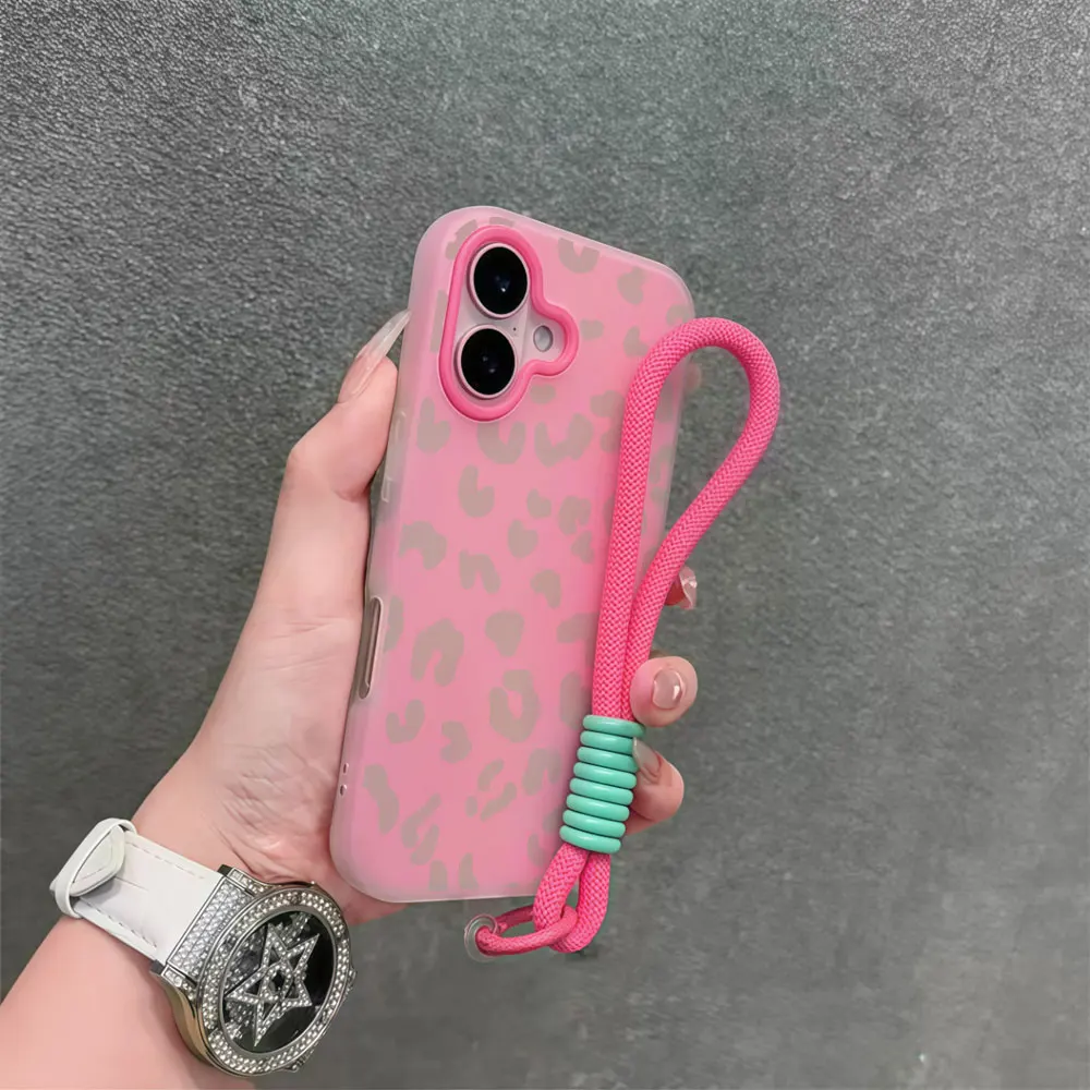 Dusty Pink Leopard Y2K Phone Case For Xiaomi 17 Pro Max 15T Pro Mi11 Lite 5G 14T Pro Wrist Strap Soft Shockproof Lanyard Cover view 4