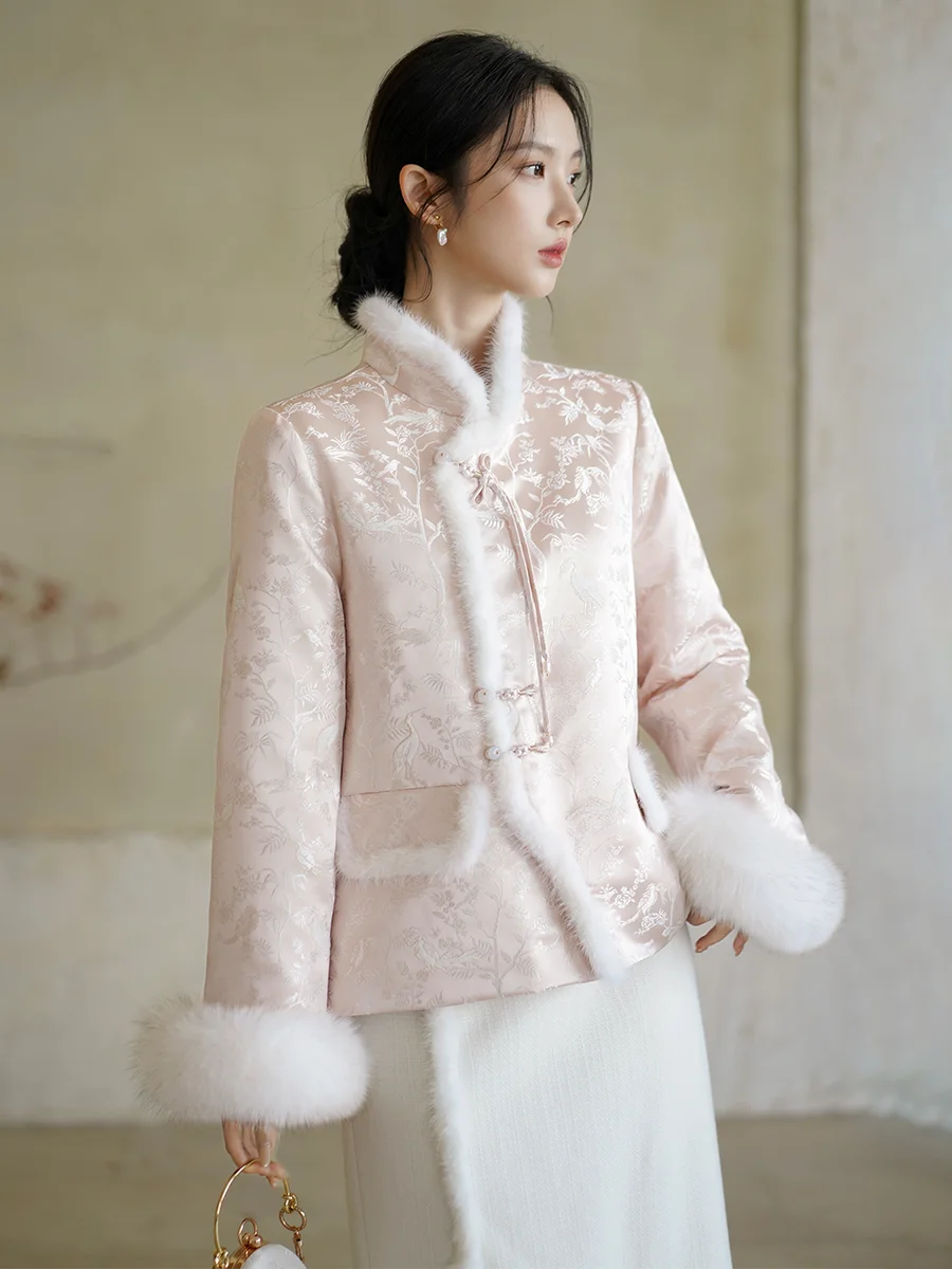 

Ele Pink Fur Collar Removable Jaet Women's Thiened Cotton Lined Chinese Sle Upperwear for Winter Season
