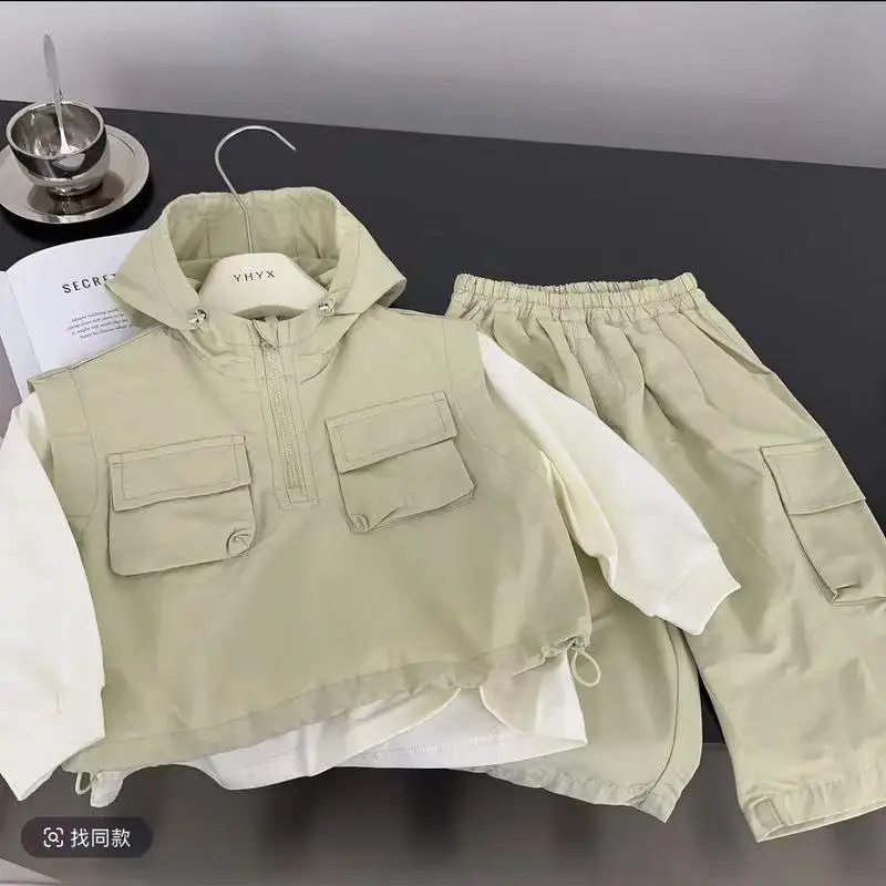

Boys' Spring and Autumn Set Fashion New Style Children's Hooded Vest+Bottom Shirt+Long Pants 3-Piece Set