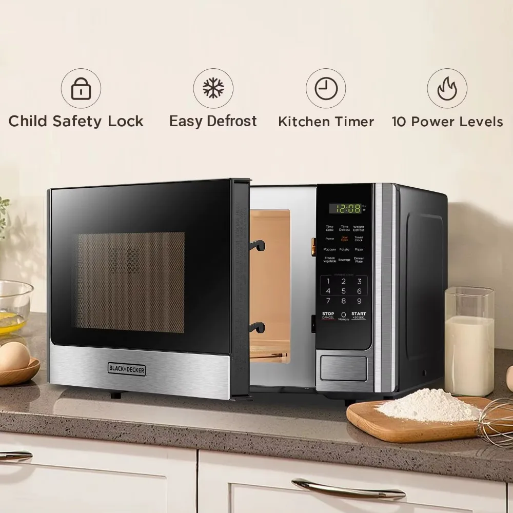 Digital Microwave Oven with Turntable Push-Button Door, Child  Lock, Stainless Steel, 0.9 Cu Ft