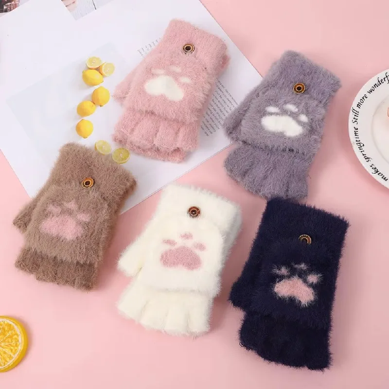Women's Thick Warm Cat Claw Paw Gloves Fashion Plush Mittens Soft Short Fingerless Half Finger Winter Gloves for Girls