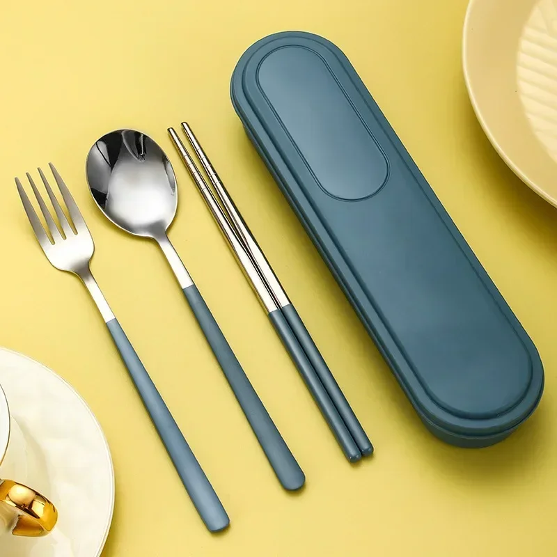Portable Stainless Steel Cutlery Set with Storage Box, 304 Steel Fork Spoon, Travel Flatware for Student Outdoor, Dinnerware Set