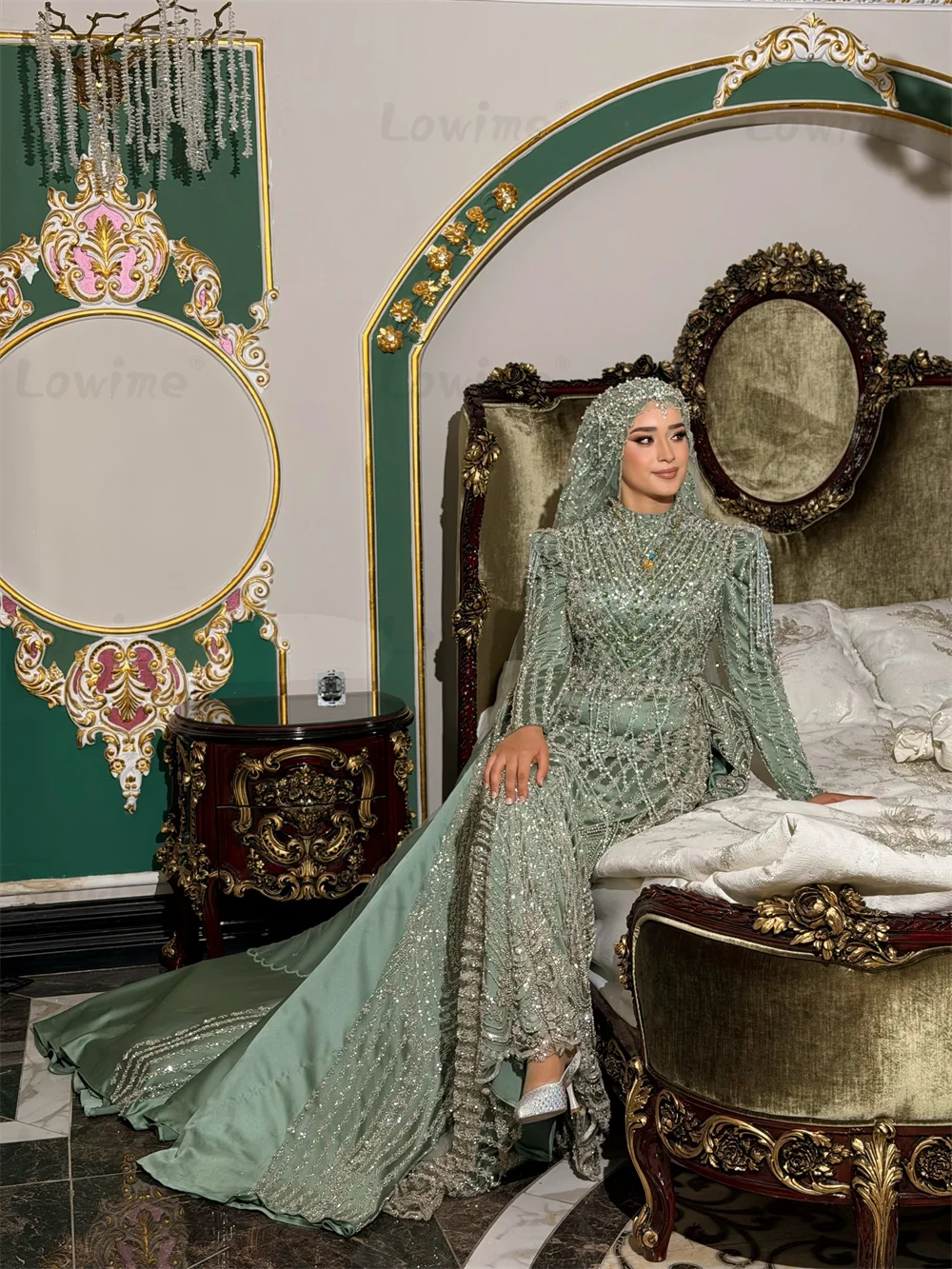 2026 Sage Green Mermaid Prom Dresses Long Sleeves Beading Tassels Saudi Arabia Evening Gowns Customized Overskirt Party Dress