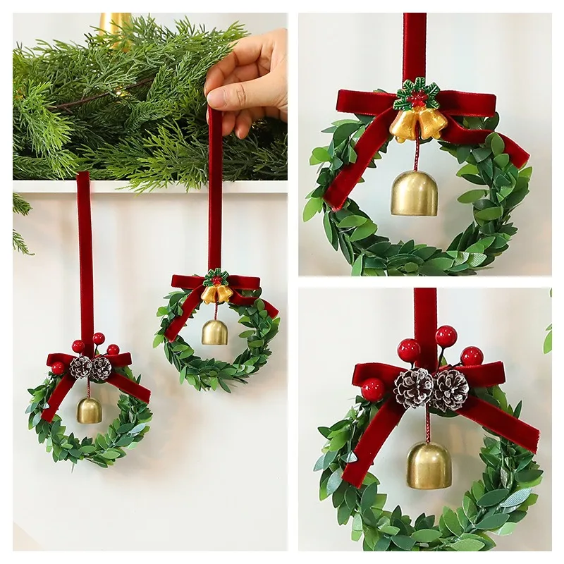 

Christmas Tree Ornaments Small Wreath Jingle Bell Pinecone Berry Accents PVC Mini Garland for Holiday Gift Box Mantel Decor Gift