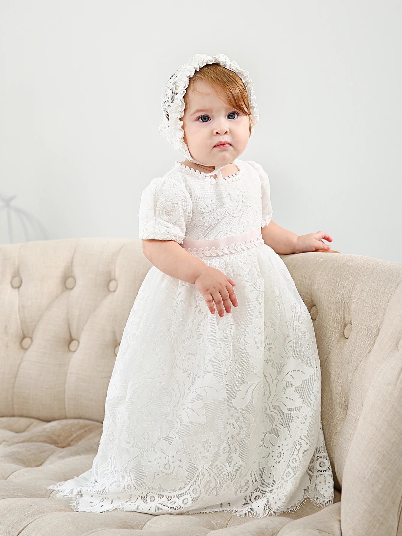 White Lace Satin Gown for Baby Girls 0-2 Years Old Wedding Flower Girl Dress 1st Birthday Party Long Baptism Dress With Hat