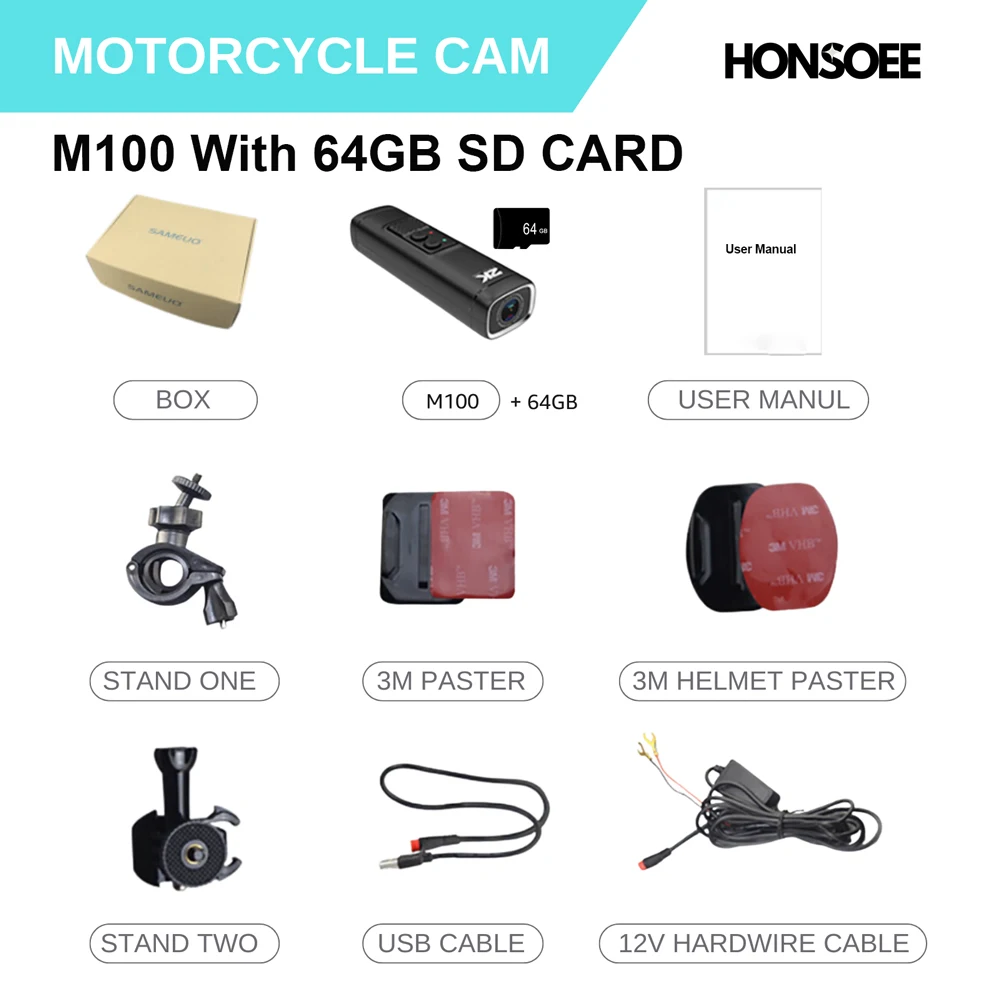 Honsoee M100 Motorcycle Camera Auto Dvr 2K 1440P Motor WiFi Video Recorder Night Vision App Waterproof Motorbike Sports Dashcam