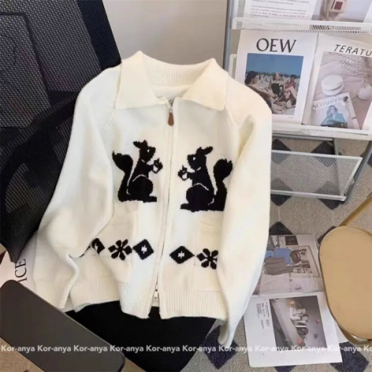 Harajuku Cute Rabbit Lapel Neck Sweaters Mujer 2024 Early Autumn New Knitted Cardigan Y2k Long Sleeve Zipper Tops Women