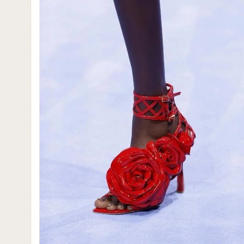 Red Flower Decor Hollow Out Sandals Back Strap Open Toe Shoes for Women Stilettos High Heels Sexy Shoes 2023 Zapatos Para Mujere