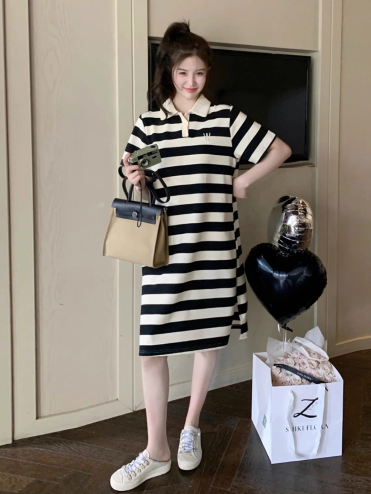 Striped Turn-down Collar Preppy Maternity Knitted Dress Short Sleeve Pregnant Women Straight  Pregnancy Clothing