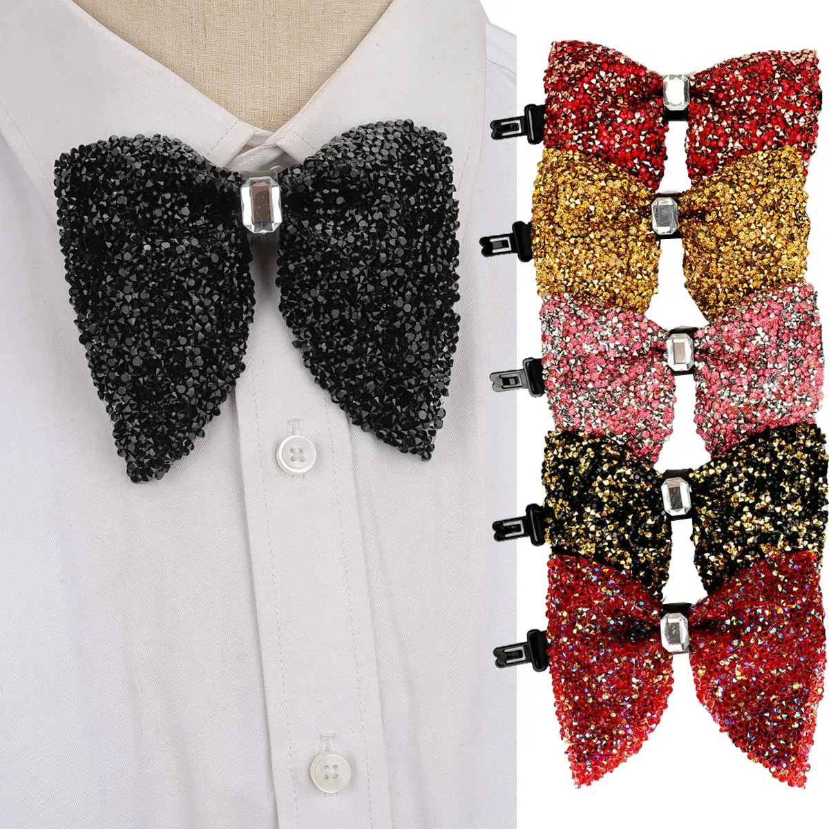 

New Fashion Luxury Rhinestone Big Bowtie Black Golden Shiny Large Bow Tie For Men Business Wedding Party Ties Gift Accessories