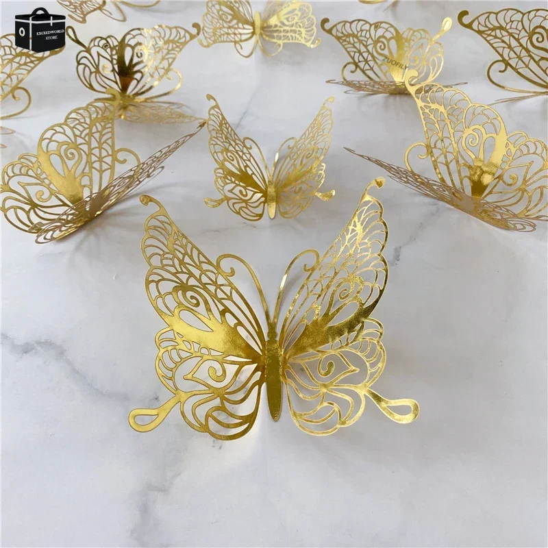 Adesivo de parede em forma de borboleta 3d oco, cor ouro, prata, rosa, decoração para casa, festa de aniversário e casamento, 12 pçs/set