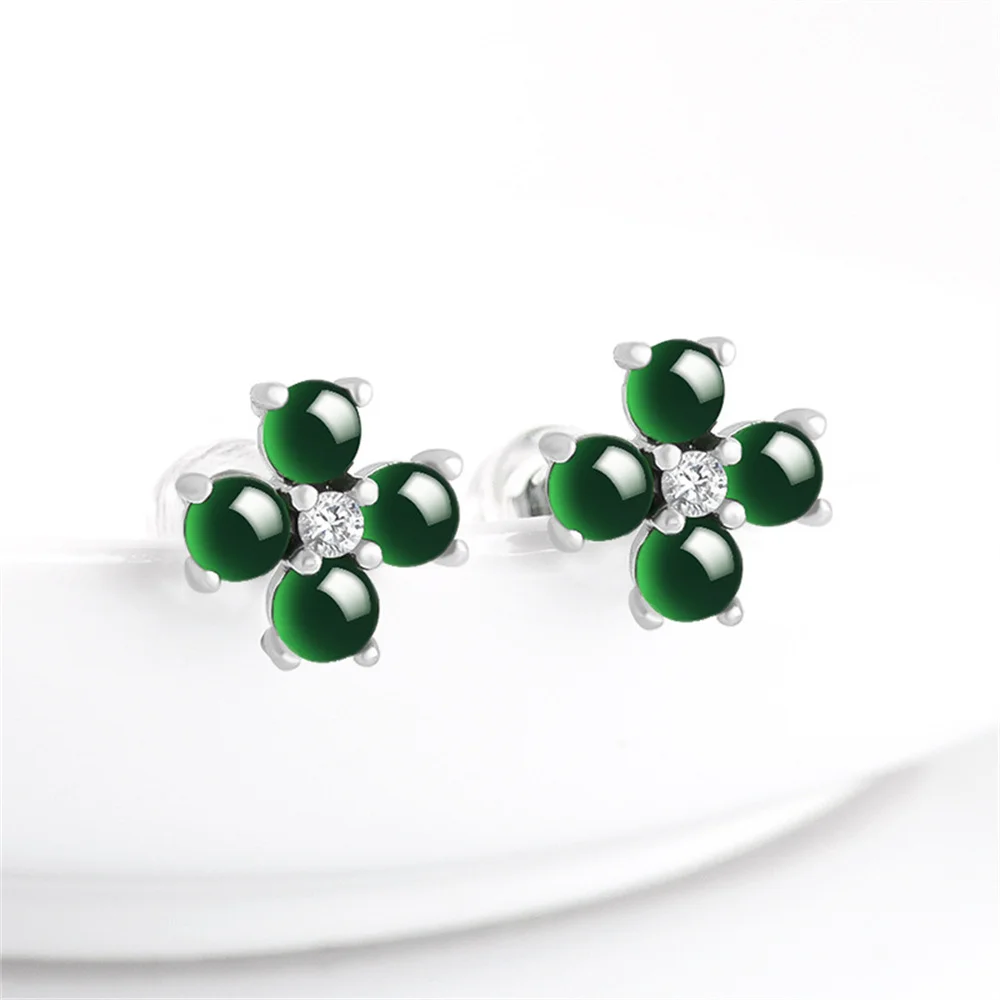 

925 Silver Natural Green Jadeite Beads Flower Lucky Earring Certificate Trendy Luxury Jade Woman's Earrings Bridal Ear Jewelry