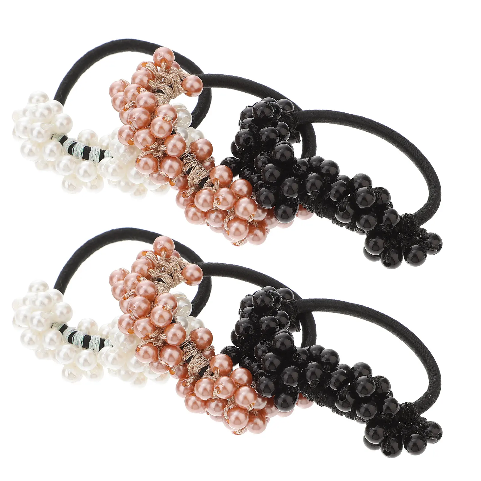 

6pcs Beaded Circles 2White 2Black 2Champagne Elastic Hair Hair Accessories For Women Accessories Women Styling Durable