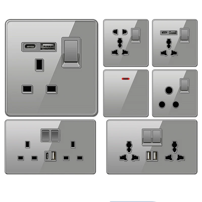 

Luxury tempered glass wall lamp switch button UK plug 13A universal wall socket with Usb type-c fast charging wall power socket