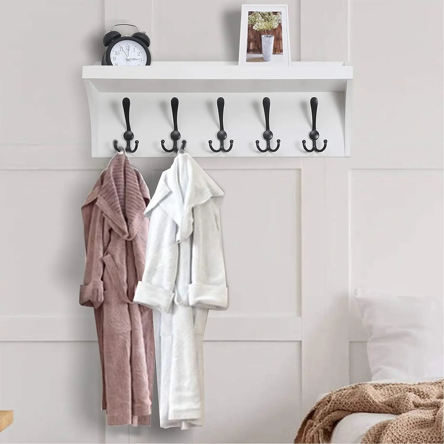 

Dseap Wall Shelf With 5 Tri Hooks - 24” Heavy Duty Coat Rack Wall Mount With Shelf, Entryway Shelf With Hooks Underneath -