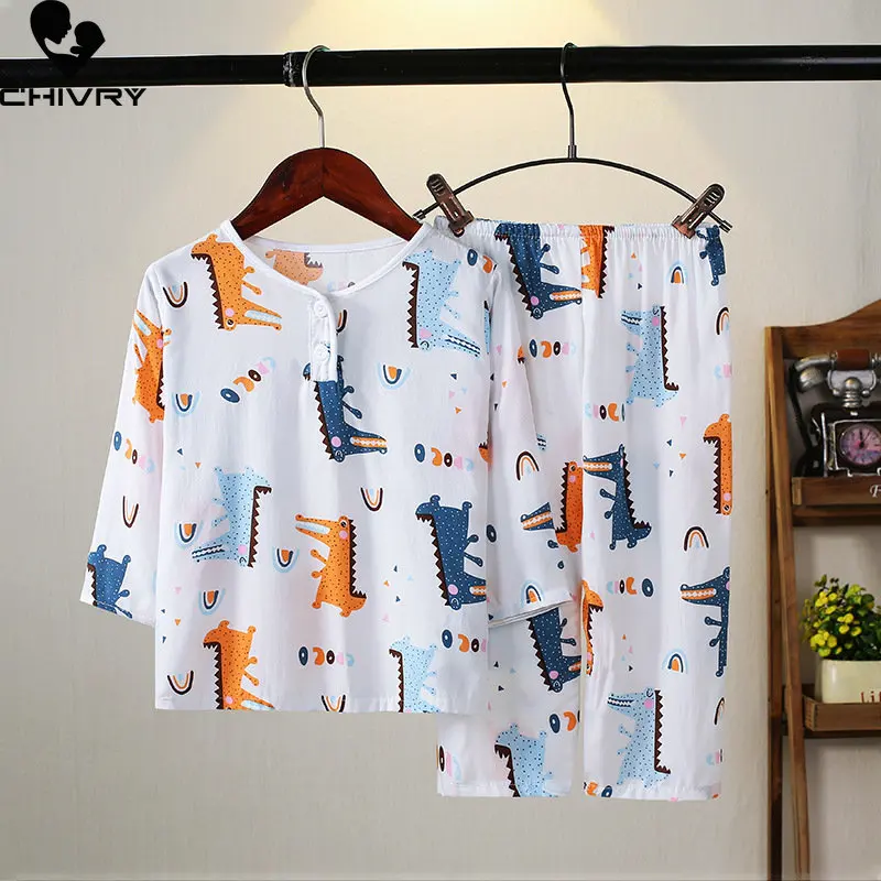 New Kids Summer Thin Pajamas Sleepwear Boys Girls Cartoon Long Sleeve Cute T-Shirt Tops with Pants Baby Sleeping Clothes Sets