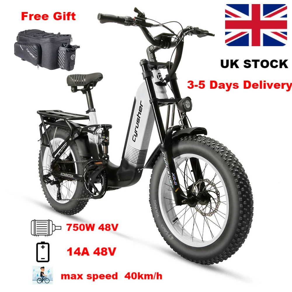 

Cyrusher Kommoda Mountain Electric Bike for Adults, Double Suspension, 20 in Fat Tire Ebike, 14Ah Lithium-ion Battery,750W Motor