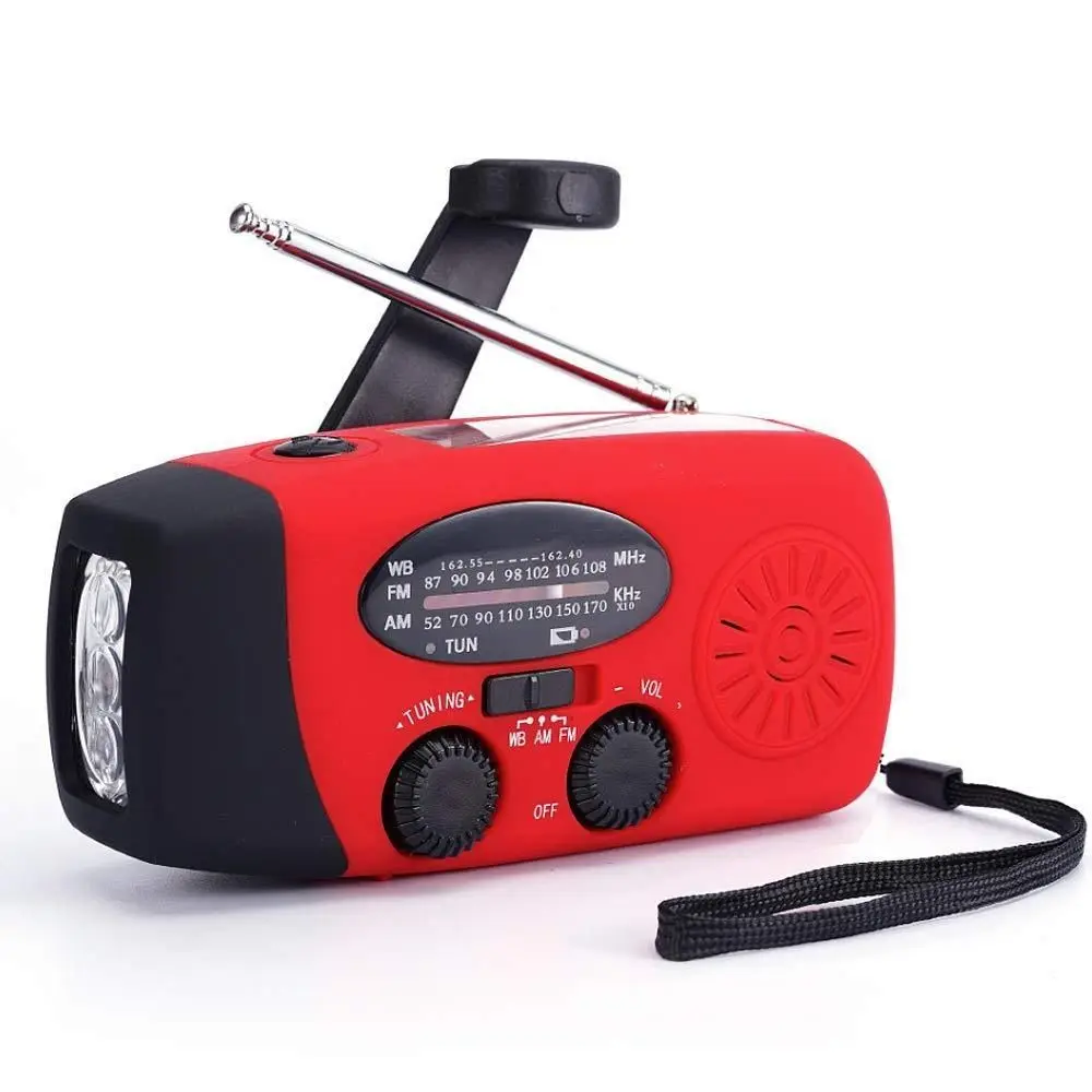 Radio FM Tenaga Surya Pengisian Daya Ponsel USB Radio Cuaca AM/FM 2000mAh Bank Daya Generator Engkol Tangan Merah