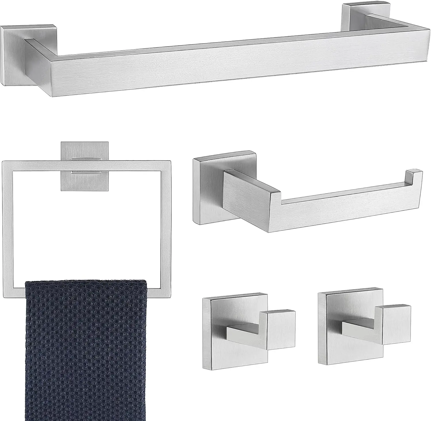 5 Pieces Bathroom Hardware Accessories Set Brushed Nickel, 16Inch Square Towel Racks Set for Bathroom, SUS304 Stainless Steel