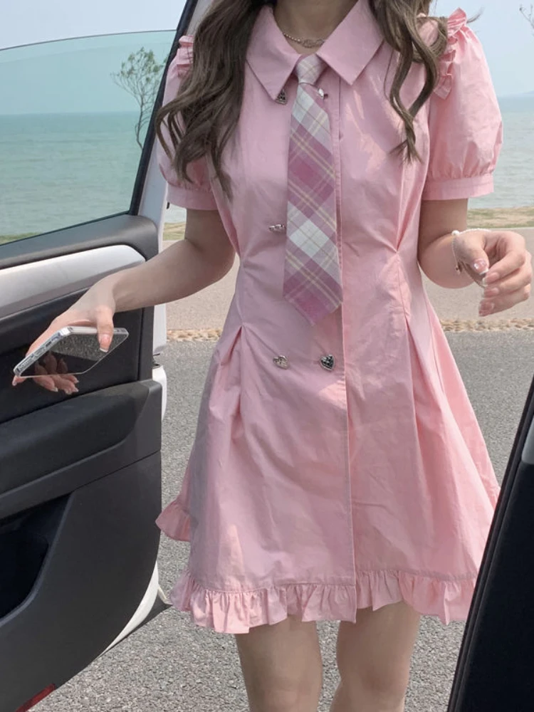 

HOUZHOU Pink Kawaii Dress Women Preppy Style Sweet Cute Summer Shirt Dresses Polo Collar Ruffles Korean Fashion High Street