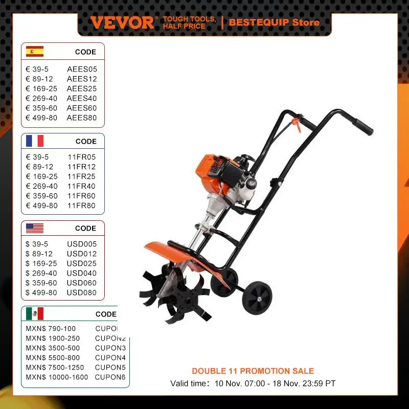 VEVOR Tiller Cultivator 31CC 4-Stroke Garden Cultivator Tiller with 4 Steel Adjustable Front Tines for Lawn Garden and Field